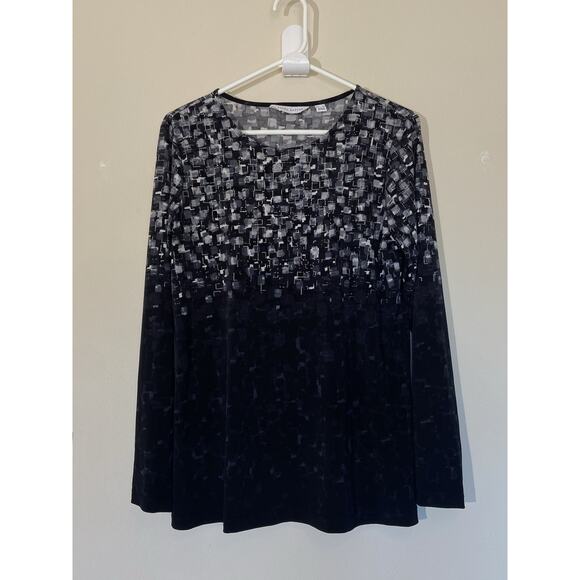 Susan Graver QVC Black Silver Metallic Geometric Stretch Top Blouse Shirt Small - Picture 1 of 7